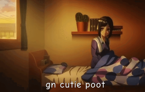 A Girl Is Sitting On A Bed With The Words " Gn Cutie Poot " Above Her GIF