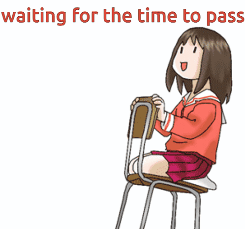 A Girl Is Sitting On A Chair With The Words Waiting For The Time To Pass Behind Her GIF