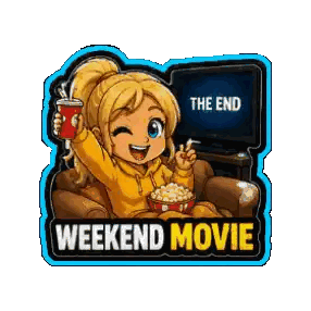 a girl is sitting on a couch eating popcorn and drinking soda while watching a weekend movie ..