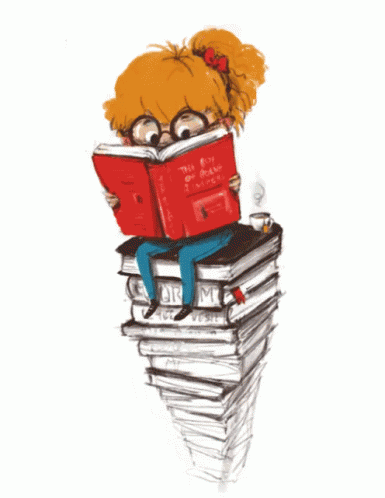 A Girl Is Sitting On A Stack Of Books Reading A Book Titled " The Boy Who Drank The Moon " GIF