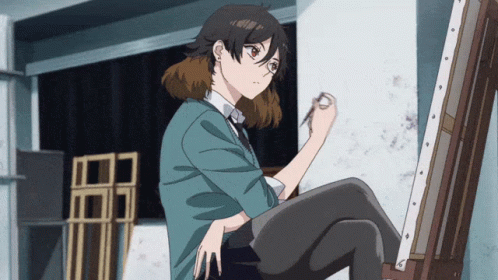 A Girl Is Sitting On An Easel And Painting GIF