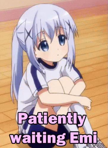 A Girl Is Sitting On The Floor With The Words Patiently Waiting Emi GIF