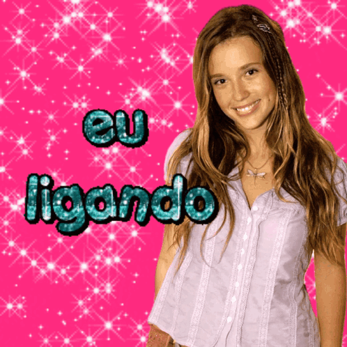 A Girl Is Smiling In Front Of A Pink Background With The Words Eu Ligando GIF