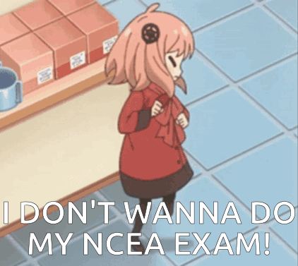 A Girl Is Standing In Front Of A Shelf And Says " I Don 'T Wanna Do My Ncea Exam ! " GIF
