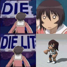 A Girl Is Standing In Front Of A Sign That Says Die GIF