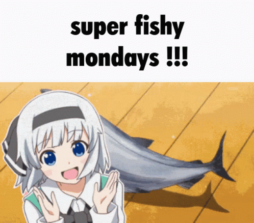 A Girl Is Standing Next To A Large Fish That Says Super Fishy Mondays !!! GIF