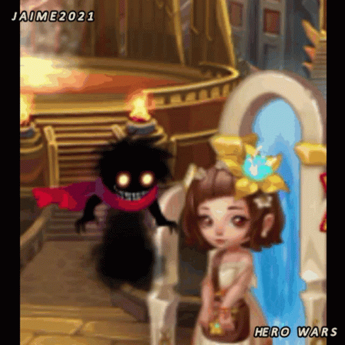 A Girl Is Standing Next To A Monster In A Video Game Called Hero Wars .. GIF