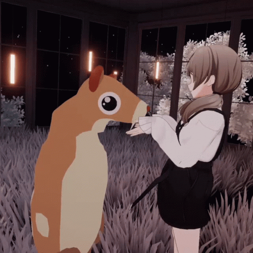 a girl is standing next to a stuffed animal with big eyes