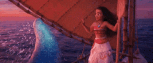 A Girl Is Standing On A Boat In The Ocean Holding A Blue Wave . GIF