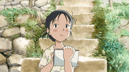A Girl Is Standing On A Set Of Stone Stairs Holding A Book GIF