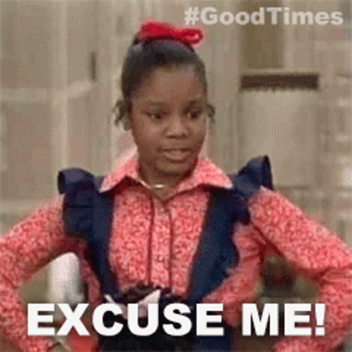 A Girl Is Standing With Her Hands On Her Hips And The Words `` Excuse Me '' Written On The Bottom . GIF