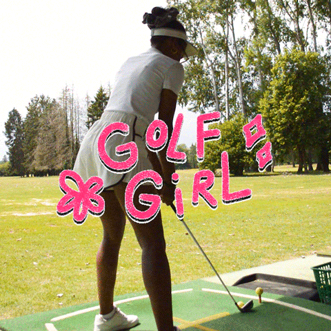 A Girl Is Swinging A Golf Club On A Driving Range With The Words Golf Girl Above Her GIF