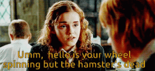 A Girl Is Talking To A Man With The Words Umm Hello Is Your Wheel Spinning But The Hamster 'S Dead GIF