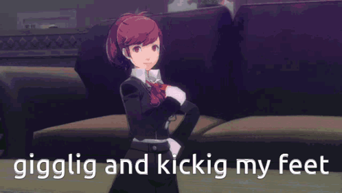 A Girl Is Walking On The Ground With The Words `` Gigglig And Kickig My Feet '' Written On The Bottom . GIF