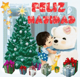 A Girl Kissing A Teddy Bear In Front Of A Christmas Tree With Feliz Navidad Written In Red GIF