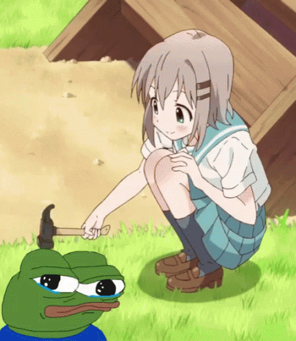 A Girl Kneeling Down Next To A Frog With A Hammer On Its Head GIF