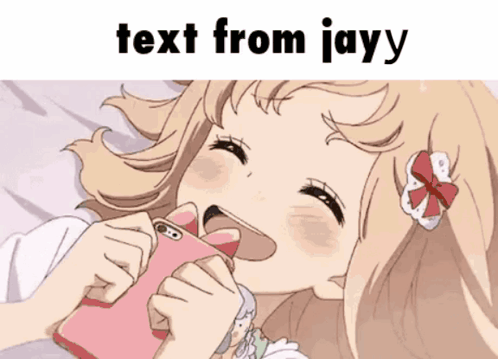 A Girl Laying On A Bed With A Pink Phone In Her Mouth And The Words Text From Jayy GIF