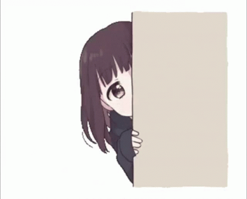 A Girl Peeking Out From Behind A Wall With The Word Hi On It GIF