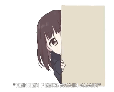 A Girl Peeking Out From Behind A Wall With The Words " Kenken Peeks Again Again " Written On The Bottom GIF