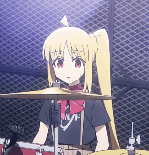 A Girl Playing Drums Wearing A Black Shirt That Says Band GIF