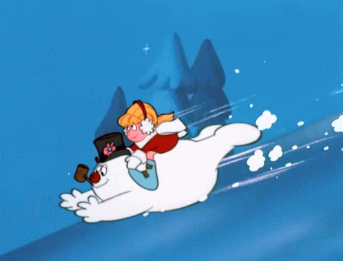 A Girl Riding On The Back Of A Snowman In A Cartoon GIF