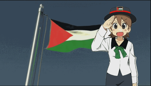 A Girl Salutes In Front Of A Flag With A Red Triangle On It GIF