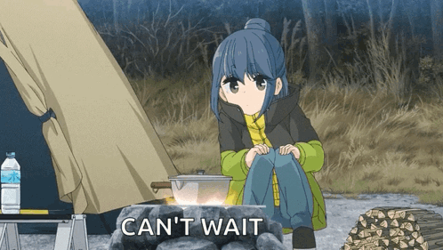 A Girl Sits In Front Of A Campfire With The Words " Can 'T Wait " On The Bottom GIF