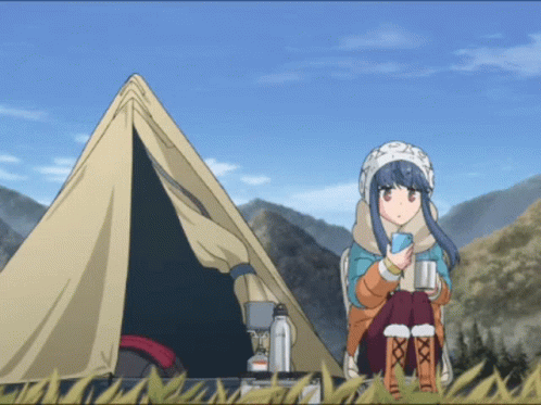 A Girl Sits In Front Of A Tent Holding A Cup Of Coffee GIF