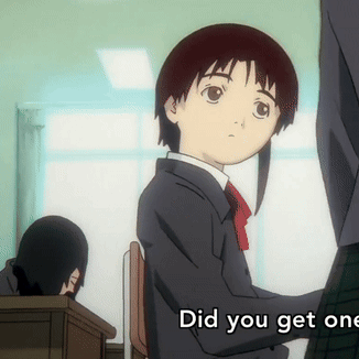 A Girl Sitting At A Desk With The Words " Did You Get One " On The Bottom GIF