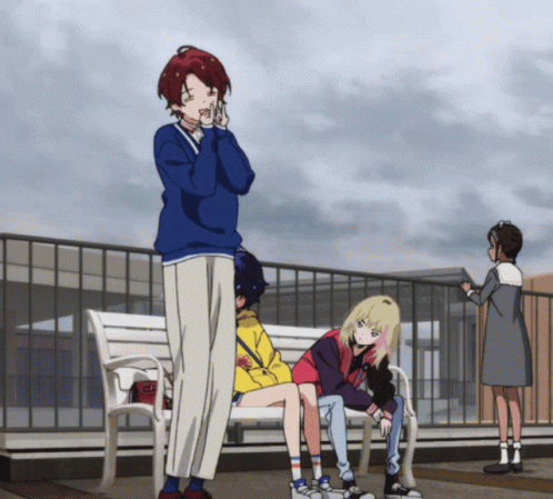 A Girl Sitting On A Bench With A Cup That Says ' Iced Tea ' On It GIF