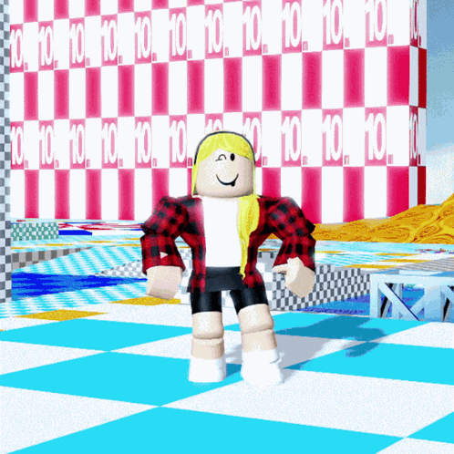 A Girl Standing In Front Of A Checkered Wall That Says 10 GIF