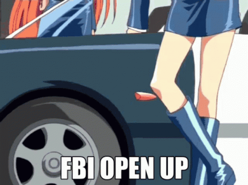 A Girl Standing Next To A Car With The Words Fbi Open Up On The Bottom GIF
