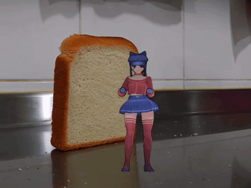 A Girl Standing Next To A Loaf Of Bread On A Counter GIF