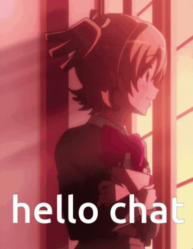 A Girl Standing Next To A Window With The Words Hello Chat Below Her GIF