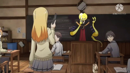 A Girl Stands In Front Of A Blackboard That Says " Kinemaster " GIF