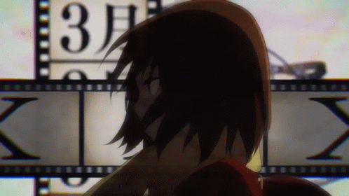 A Girl Stands In Front Of A Film Strip With The Number 3 On It GIF
