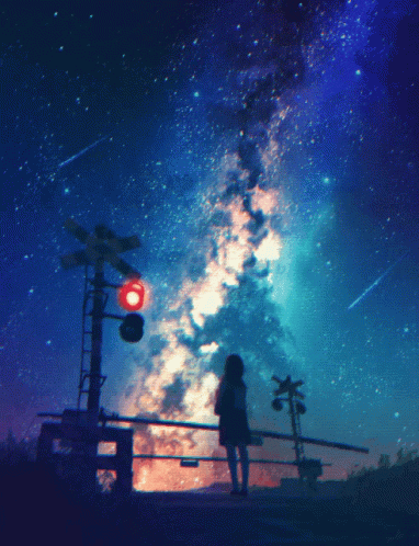 A Girl Stands In Front Of A Railroad Crossing With A Starry Sky In The Background GIF