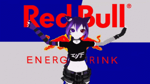 A Girl Stands In Front Of A Red Bull Energy Drink Advertisement GIF