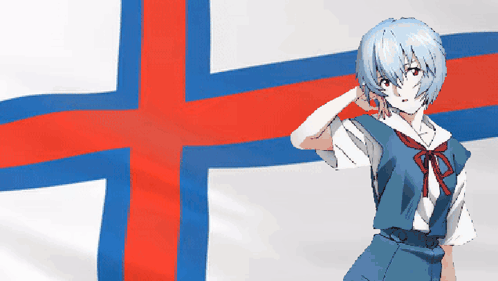 A Girl Stands In Front Of A Red White And Blue Cross GIF