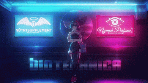 A Girl Stands In Front Of A Sign That Says Nutri Supplement GIF