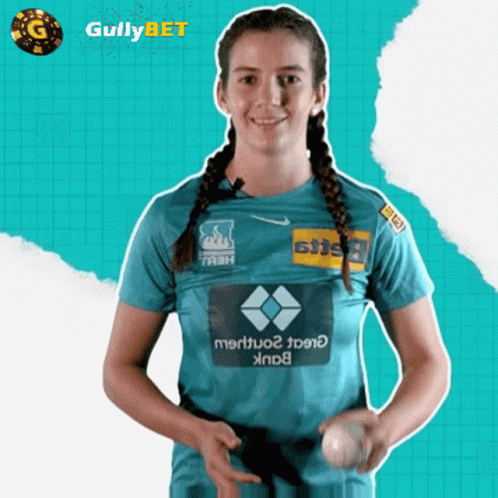 A Girl Wearing A Blue Shirt That Says Gully Bet GIF