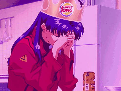 A Girl Wearing A Burger King Crown Covering Her Face With Her Hands GIF