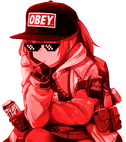 a girl wearing a hat that says obey holds a can of soda