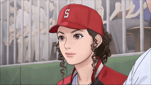 A Girl Wearing A Red Hat With The Letter S On It GIF