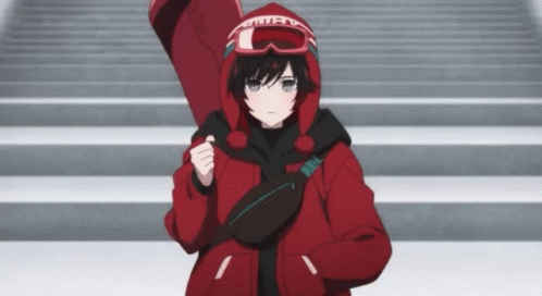 A Girl Wearing A Red Jacket With A Hood And Goggles Holds A Snowboard GIF