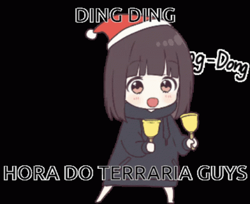 A Girl Wearing A Santa Hat Is Holding Bells And Says Ding-Ding Hora Do Terraria Guys GIF