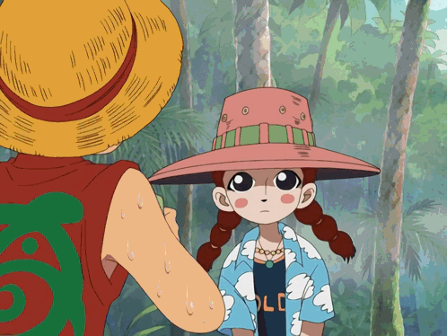 A Girl Wearing A Shirt That Says Old Stands Next To A Boy Wearing A Straw Hat GIF