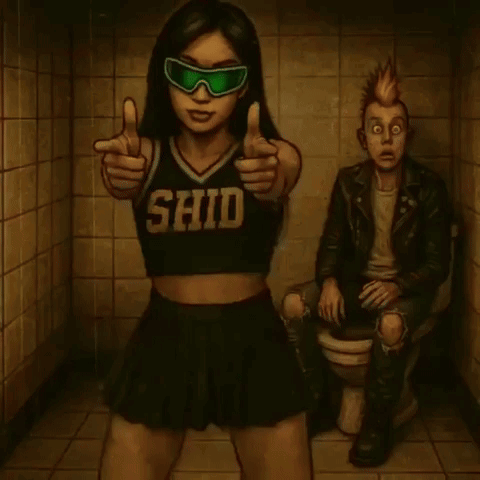 A Girl Wearing A Shirt That Says ' Shid ' Is Pointing At The Camera GIF