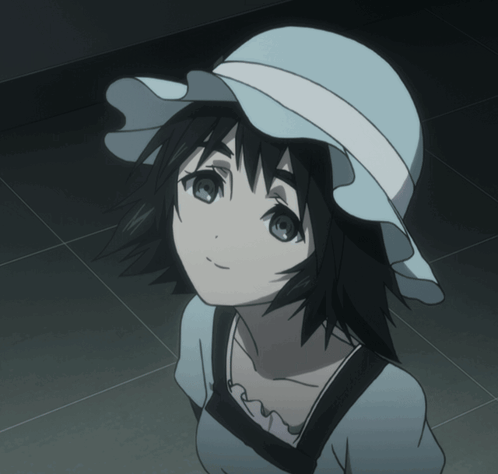 A Girl Wearing A White Hat And A Blue Shirt Looks Up GIF