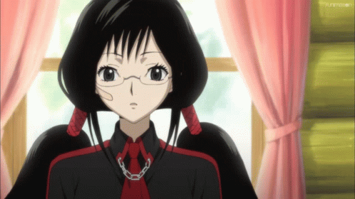 A Girl Wearing Glasses And A Red Tie Is Sitting In Front Of A Window With A Pink Curtain Behind Her GIF